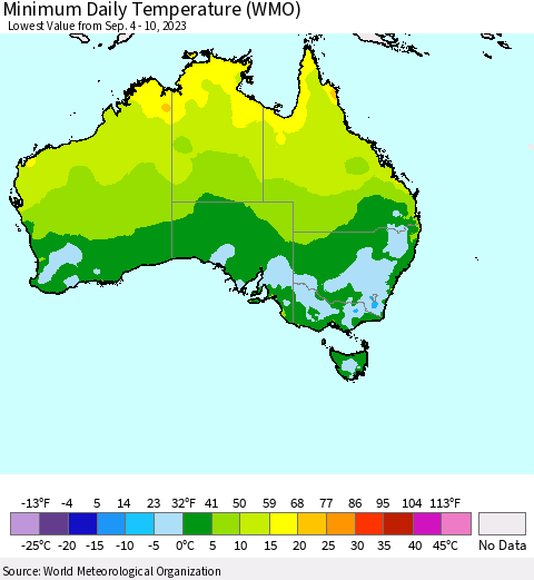 Australia Minimum Daily Temperature (WMO) Thematic Map For 9/4/2023 - 9/10/2023
