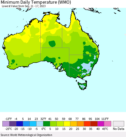 Australia Minimum Daily Temperature (WMO) Thematic Map For 9/11/2023 - 9/17/2023