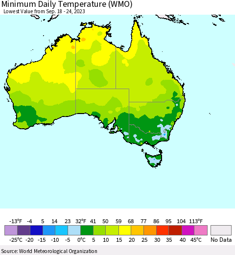 Australia Minimum Daily Temperature (WMO) Thematic Map For 9/18/2023 - 9/24/2023