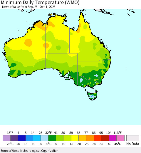 Australia Minimum Daily Temperature (WMO) Thematic Map For 9/25/2023 - 10/1/2023