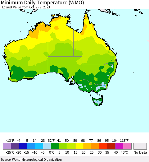 Australia Minimum Daily Temperature (WMO) Thematic Map For 10/2/2023 - 10/8/2023
