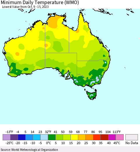 Australia Minimum Daily Temperature (WMO) Thematic Map For 10/9/2023 - 10/15/2023