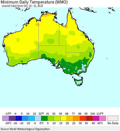 Australia Minimum Daily Temperature (WMO) Thematic Map For 10/16/2023 - 10/22/2023