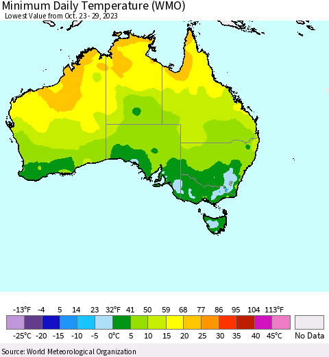 Australia Minimum Daily Temperature (WMO) Thematic Map For 10/23/2023 - 10/29/2023