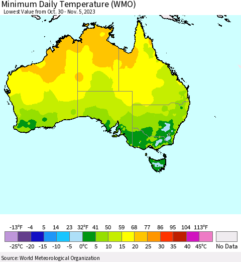 Australia Minimum Daily Temperature (WMO) Thematic Map For 10/30/2023 - 11/5/2023