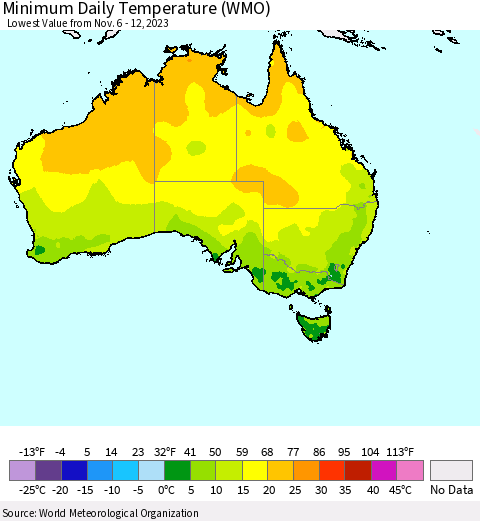 Australia Minimum Daily Temperature (WMO) Thematic Map For 11/6/2023 - 11/12/2023