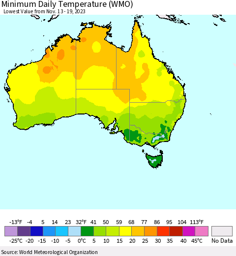 Australia Minimum Daily Temperature (WMO) Thematic Map For 11/13/2023 - 11/19/2023