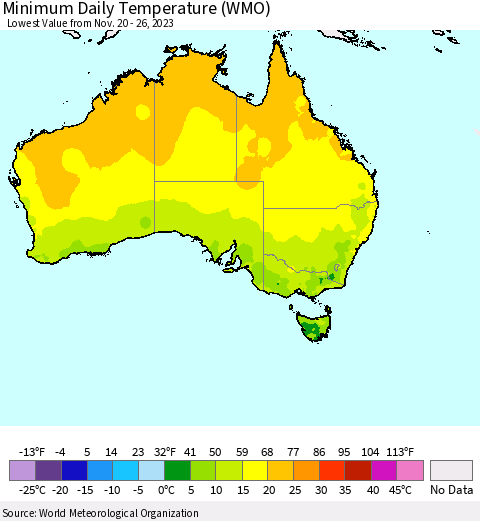 Australia Minimum Daily Temperature (WMO) Thematic Map For 11/20/2023 - 11/26/2023