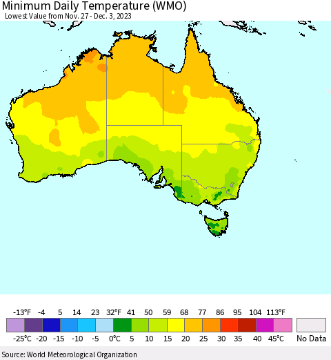 Australia Minimum Daily Temperature (WMO) Thematic Map For 11/27/2023 - 12/3/2023
