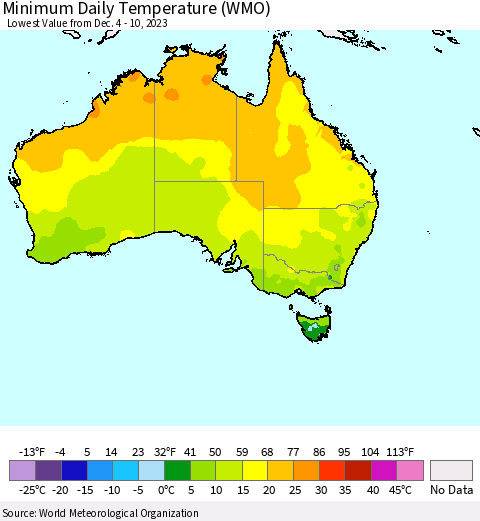 Australia Minimum Daily Temperature (WMO) Thematic Map For 12/4/2023 - 12/10/2023