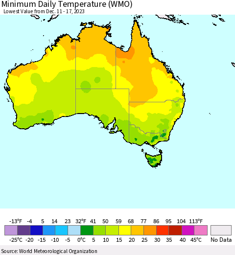 Australia Minimum Daily Temperature (WMO) Thematic Map For 12/11/2023 - 12/17/2023