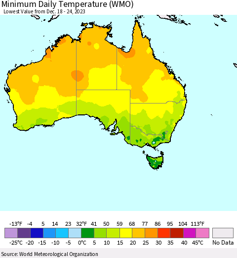 Australia Minimum Daily Temperature (WMO) Thematic Map For 12/18/2023 - 12/24/2023