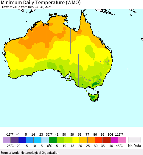 Australia Minimum Daily Temperature (WMO) Thematic Map For 12/25/2023 - 12/31/2023