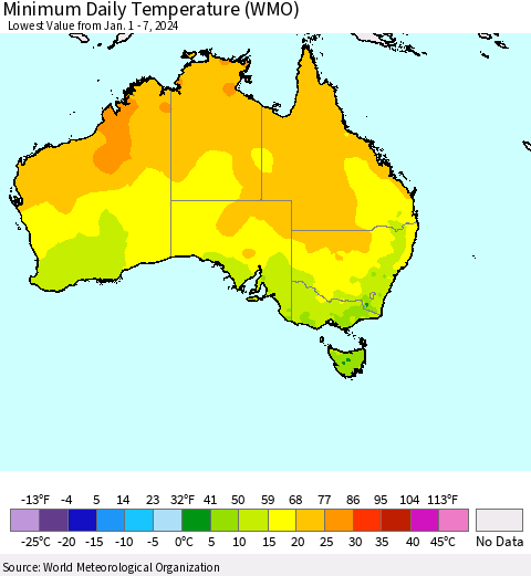 Australia Minimum Daily Temperature (WMO) Thematic Map For 1/1/2024 - 1/7/2024