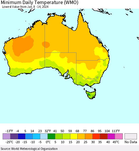 Australia Minimum Daily Temperature (WMO) Thematic Map For 1/8/2024 - 1/14/2024