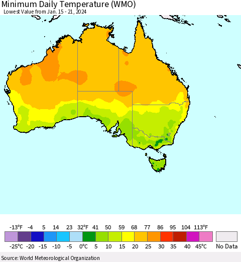 Australia Minimum Daily Temperature (WMO) Thematic Map For 1/15/2024 - 1/21/2024