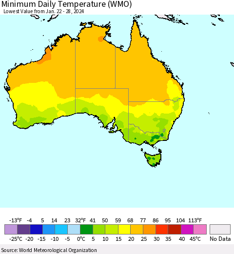 Australia Minimum Daily Temperature (WMO) Thematic Map For 1/22/2024 - 1/28/2024