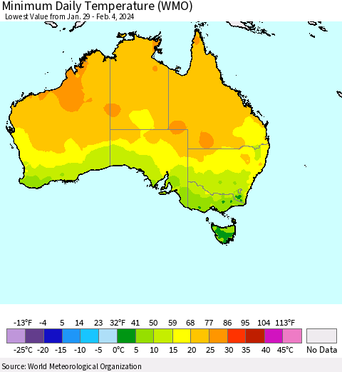 Australia Minimum Daily Temperature (WMO) Thematic Map For 1/29/2024 - 2/4/2024