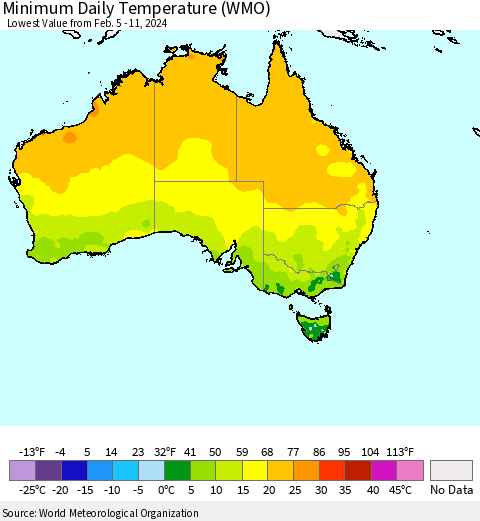 Australia Minimum Daily Temperature (WMO) Thematic Map For 2/5/2024 - 2/11/2024