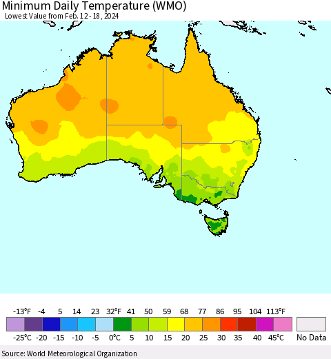 Australia Minimum Daily Temperature (WMO) Thematic Map For 2/12/2024 - 2/18/2024