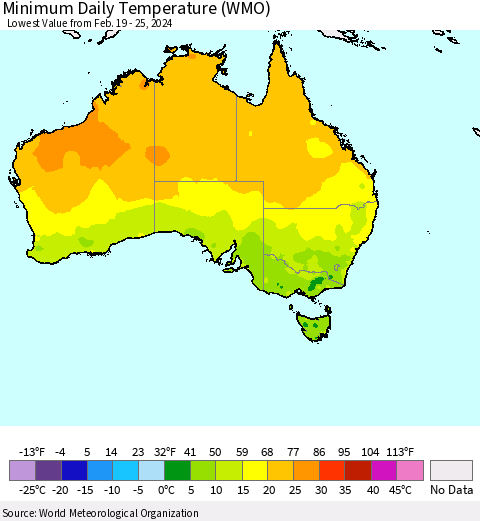 Australia Minimum Daily Temperature (WMO) Thematic Map For 2/19/2024 - 2/25/2024