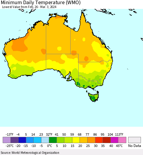 Australia Minimum Daily Temperature (WMO) Thematic Map For 2/26/2024 - 3/3/2024