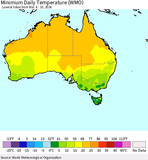 Australia Minimum Daily Temperature (WMO) Thematic Map For 3/4/2024 - 3/10/2024