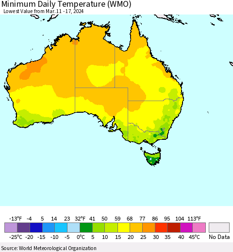 Australia Minimum Daily Temperature (WMO) Thematic Map For 3/11/2024 - 3/17/2024