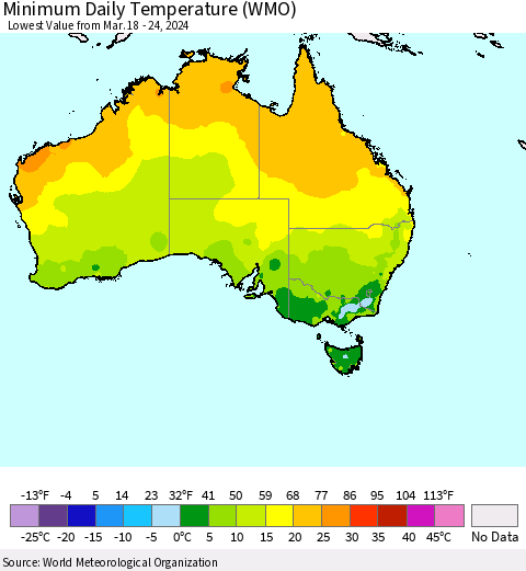 Australia Minimum Daily Temperature (WMO) Thematic Map For 3/18/2024 - 3/24/2024