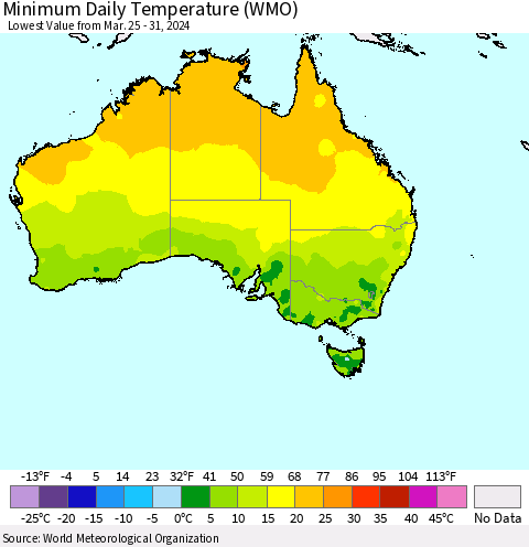 Australia Minimum Daily Temperature (WMO) Thematic Map For 3/25/2024 - 3/31/2024