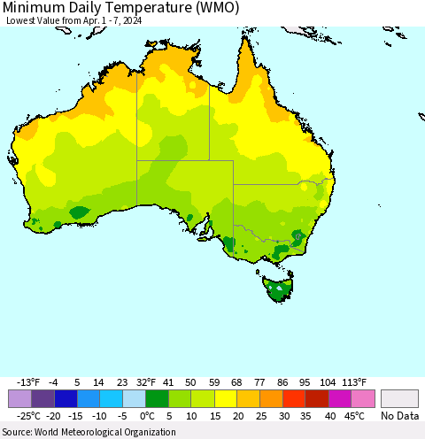 Australia Minimum Daily Temperature (WMO) Thematic Map For 4/1/2024 - 4/7/2024