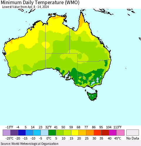 Australia Minimum Daily Temperature (WMO) Thematic Map For 4/8/2024 - 4/14/2024