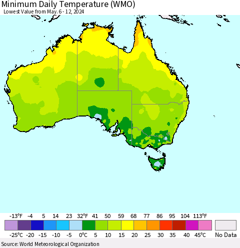 Australia Minimum Daily Temperature (WMO) Thematic Map For 5/6/2024 - 5/12/2024