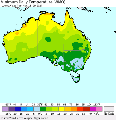 Australia Minimum Daily Temperature (WMO) Thematic Map For 5/13/2024 - 5/19/2024