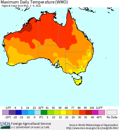 Australia Maximum Daily Temperature (WMO) Thematic Map For 5/3/2021 - 5/9/2021