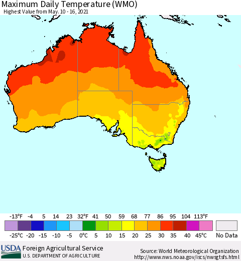Australia Maximum Daily Temperature (WMO) Thematic Map For 5/10/2021 - 5/16/2021