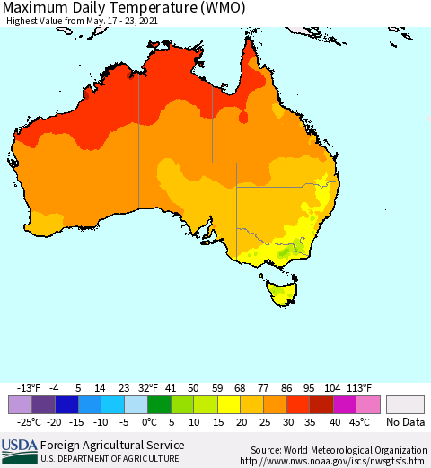 Australia Maximum Daily Temperature (WMO) Thematic Map For 5/17/2021 - 5/23/2021