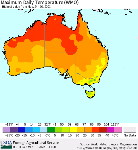 Australia Maximum Daily Temperature (WMO) Thematic Map For 5/24/2021 - 5/30/2021