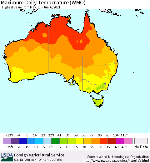 Australia Maximum Daily Temperature (WMO) Thematic Map For 5/31/2021 - 6/6/2021