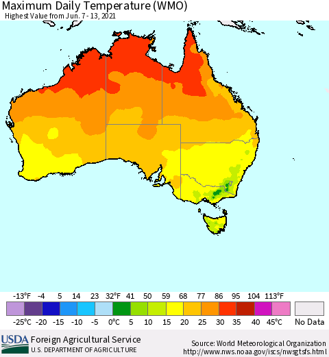 Australia Maximum Daily Temperature (WMO) Thematic Map For 6/7/2021 - 6/13/2021