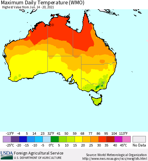 Australia Maximum Daily Temperature (WMO) Thematic Map For 6/14/2021 - 6/20/2021