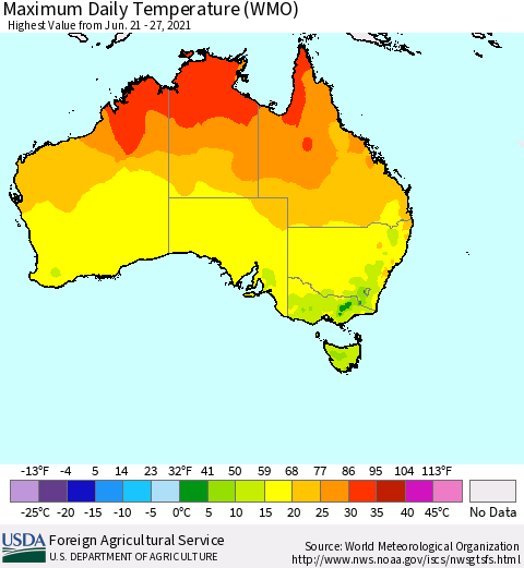Australia Maximum Daily Temperature (WMO) Thematic Map For 6/21/2021 - 6/27/2021