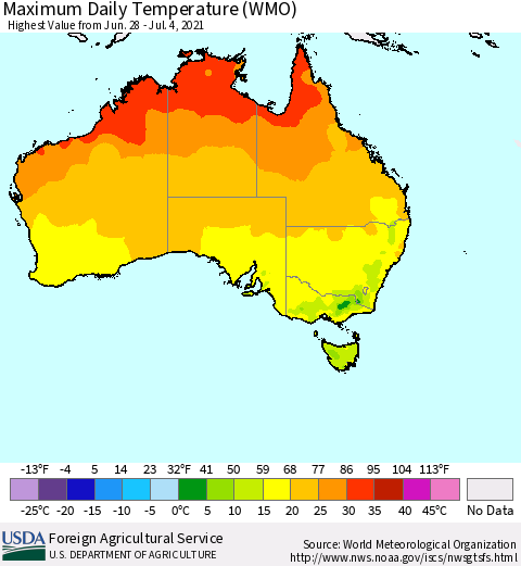 Australia Maximum Daily Temperature (WMO) Thematic Map For 6/28/2021 - 7/4/2021