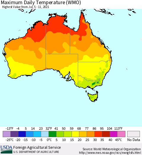 Australia Maximum Daily Temperature (WMO) Thematic Map For 7/5/2021 - 7/11/2021
