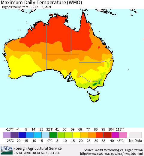 Australia Maximum Daily Temperature (WMO) Thematic Map For 7/12/2021 - 7/18/2021