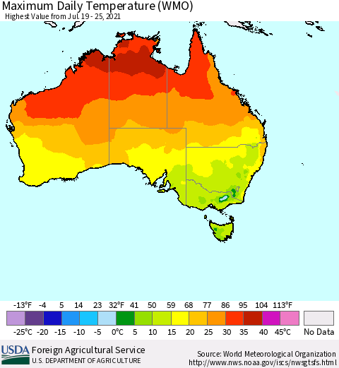 Australia Maximum Daily Temperature (WMO) Thematic Map For 7/19/2021 - 7/25/2021