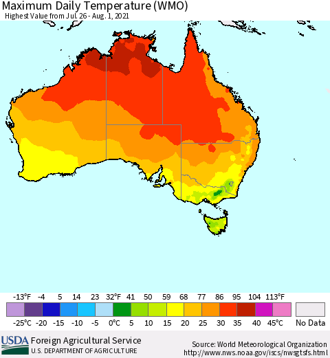 Australia Maximum Daily Temperature (WMO) Thematic Map For 7/26/2021 - 8/1/2021
