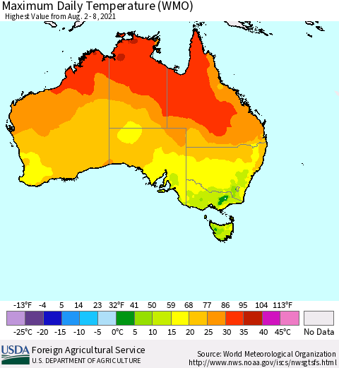 Australia Maximum Daily Temperature (WMO) Thematic Map For 8/2/2021 - 8/8/2021