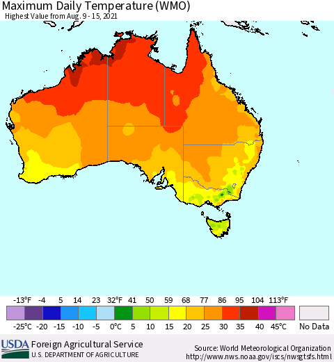 Australia Maximum Daily Temperature (WMO) Thematic Map For 8/9/2021 - 8/15/2021
