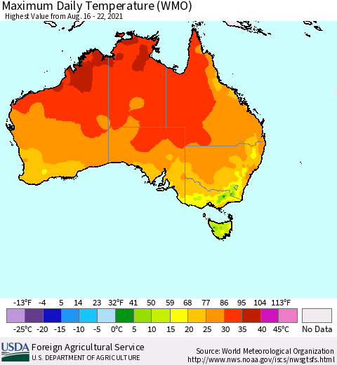 Australia Maximum Daily Temperature (WMO) Thematic Map For 8/16/2021 - 8/22/2021